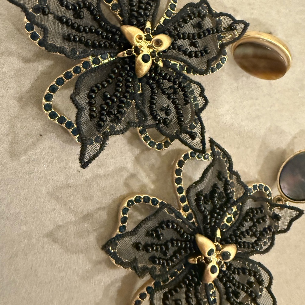 Mignonne Gavigan Black Floral Lace Drop Earrings with Gold Accents - Picture 3 of 5